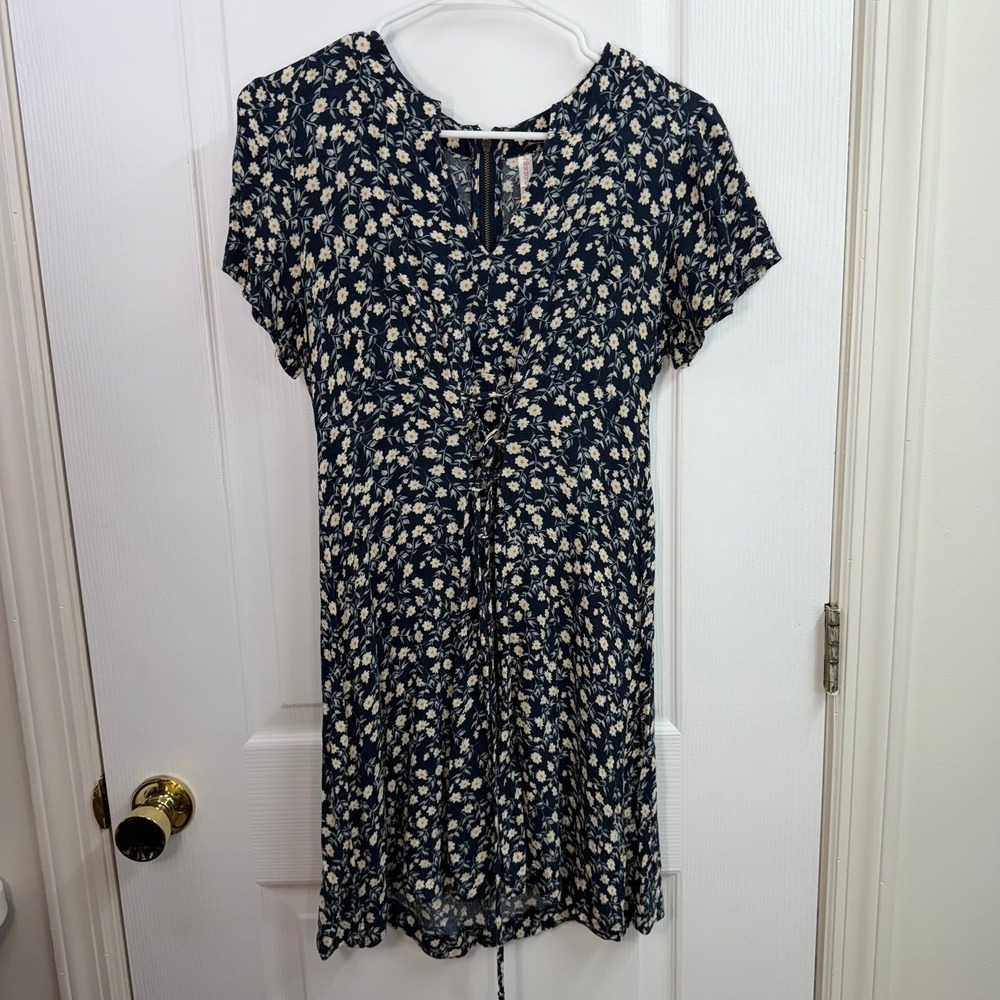 Xhilaration blue floral daisy tie zip short sleeve cottagecore dress mini small